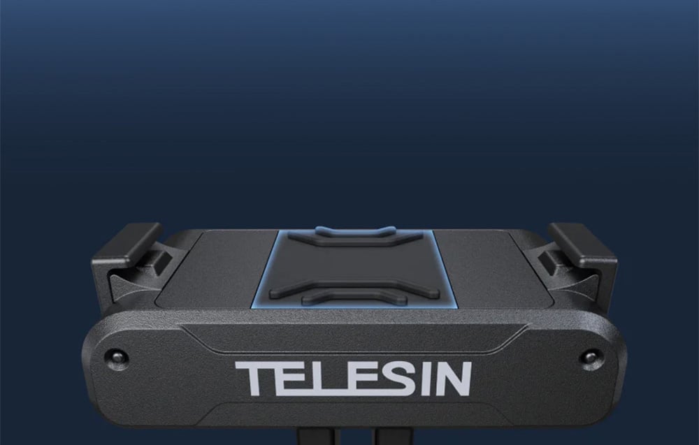 Nahaufnahme des TELESIN Adapters in horizontaler Position, die seine Konstruktion und Befestigungssystem zeigt