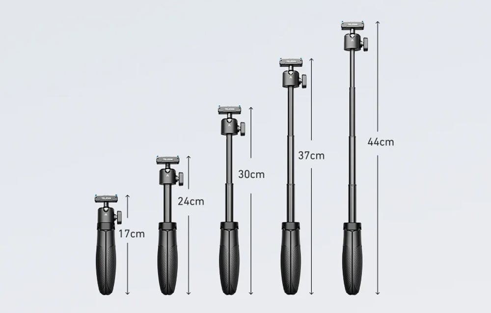 Statyw TELESIN w pięciu wysokościach — 17 cm, 24 cm, 30 cm, 37 cm i 44 cm, pokazujący zakres regulacji