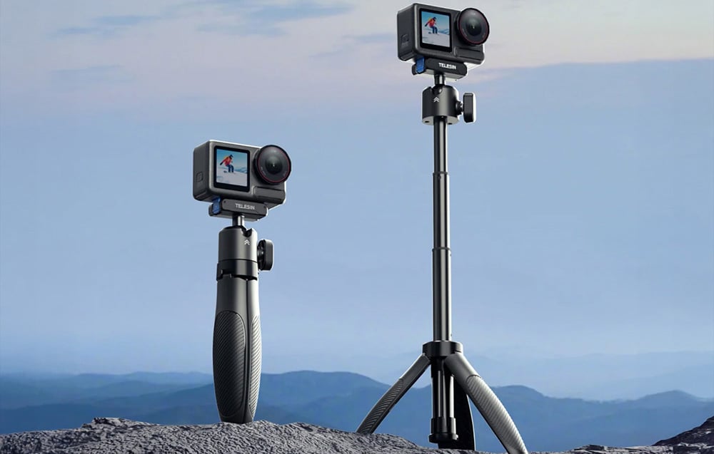 Statyw TELESIN w dwóch pozycjach – złożonej i rozstawionej na skale, z zamocowaną kamerą sportową