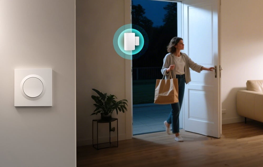 Biały przełącznik ścienny, po prawej stronie kobieta wchodząca do mieszkania.