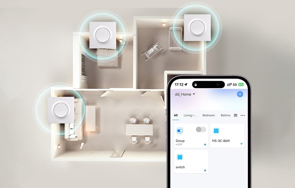 Vogelperspektive auf den Grundriss eines Hauses. Oben links sind weiße Schalter, rechts ist ein Smartphone mit der App sichtbar.