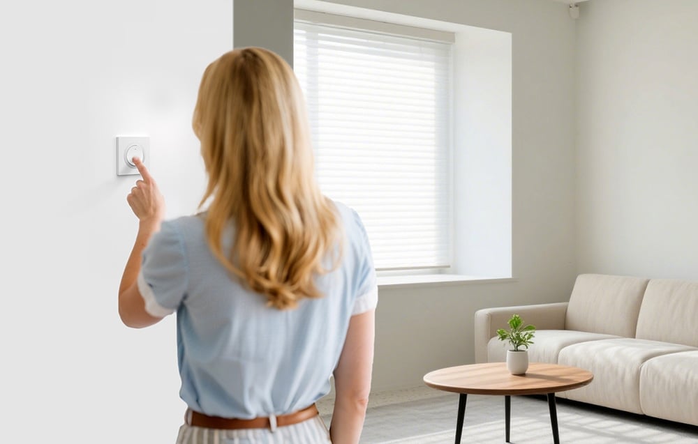 A woman with blonde hair turns on the light in a bright living room.