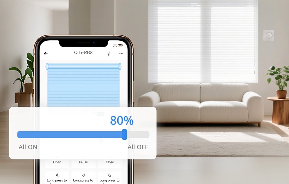 Smartphone with the app open. In the background, a bright living room.
