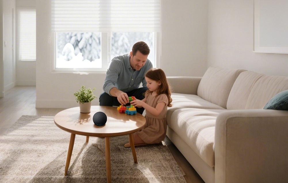 A father plays with building blocks with his daughter in a bright living room. An Amazon Alexa assistant is on the table beside them.