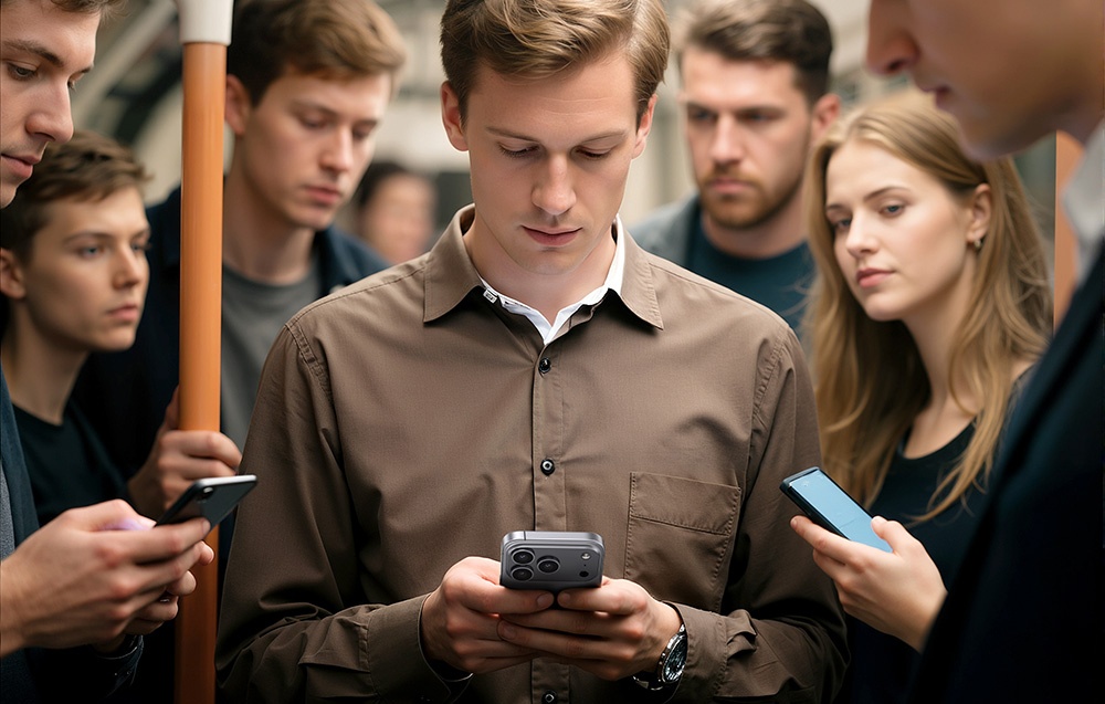Muž v přeplněném metru se dívá na smartphone, obklopen ostatními lidmi s telefony