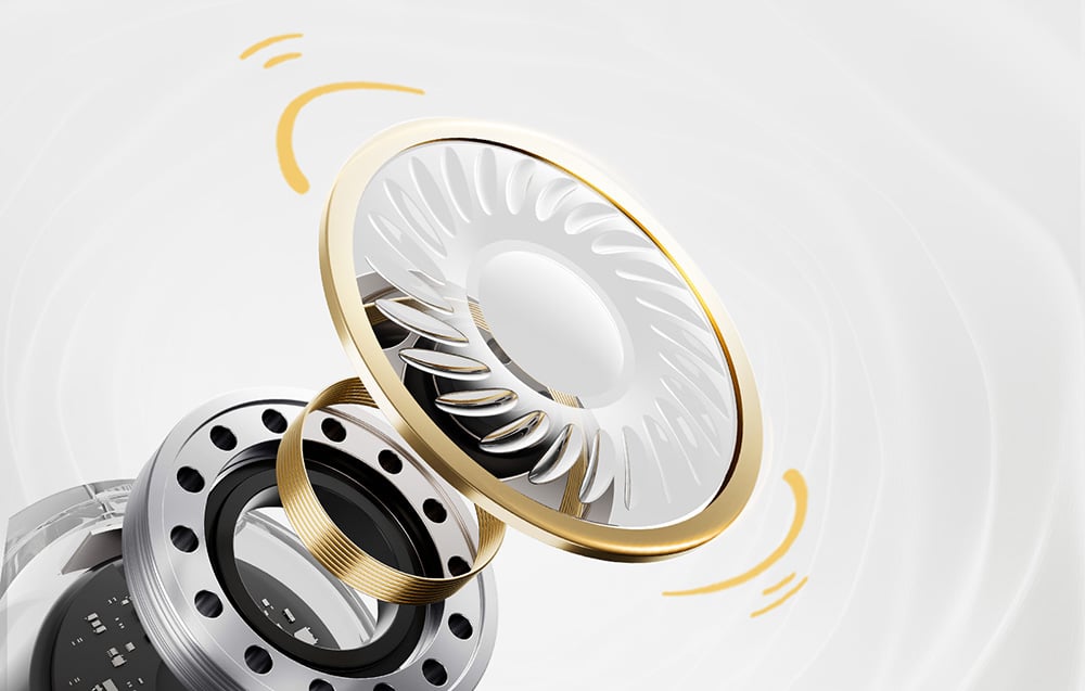 Close-up of the headphone driver on a light background.