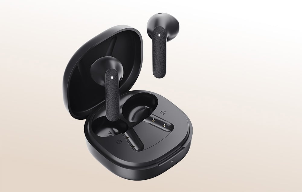 Black in-ear headphones above the charging case on a light background.