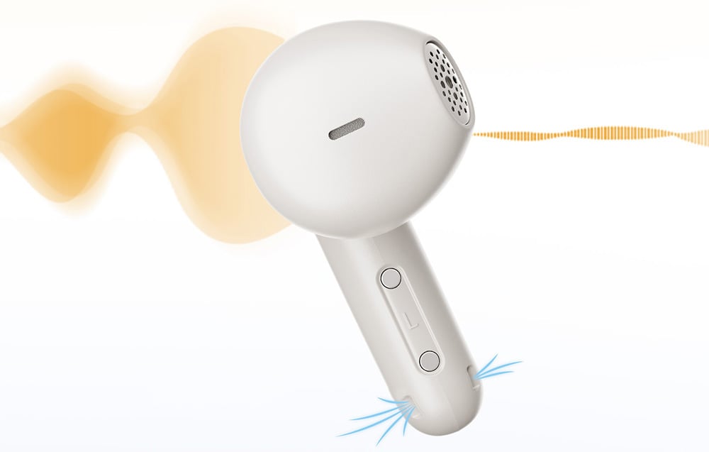 A white in-ear headphone on a light background.