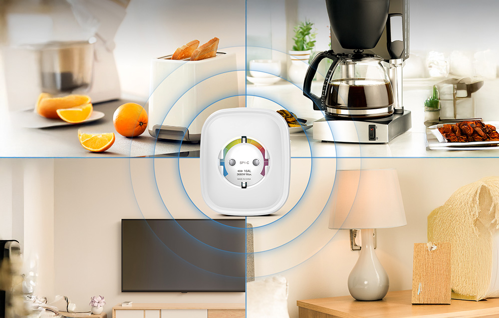 Smart electrical socket shown in the center of four home scenes with household appliances such as a coffee maker, toaster, mixer, and table lamp