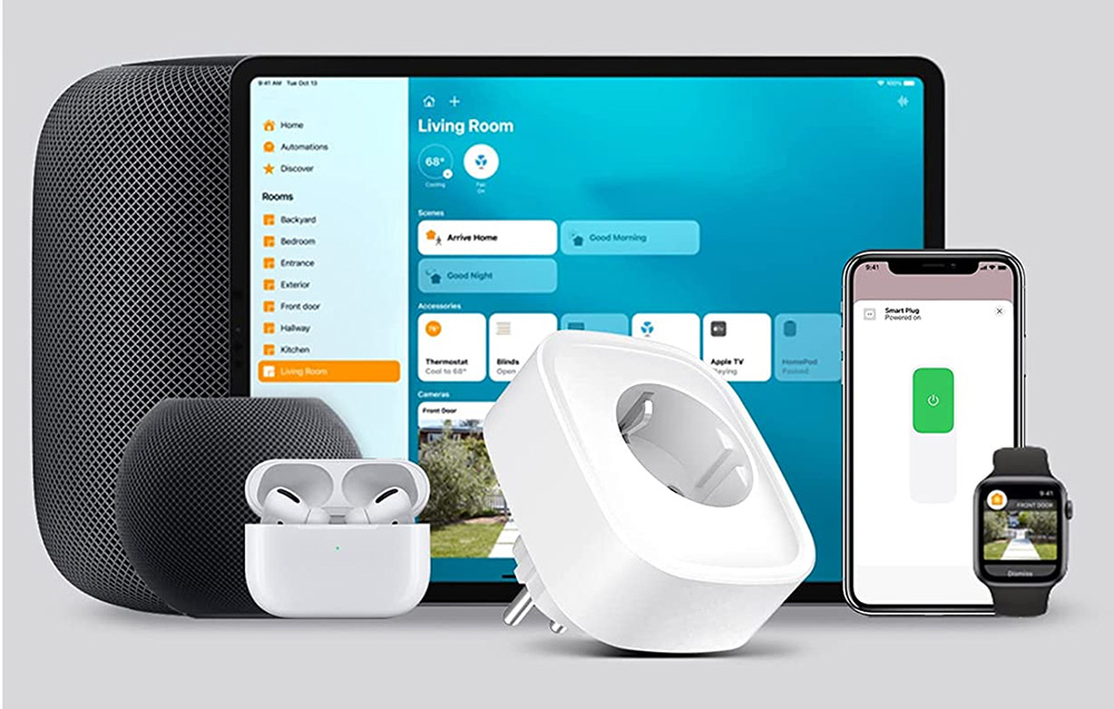 Set of Apple devices with the home control app and the smart socket visible in the foreground