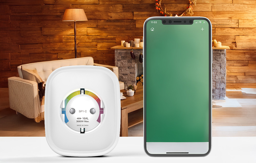 Smart socket and smartphone with a green app screen, set against the backdrop of a cozy living room with a wooden wall and fireplace
