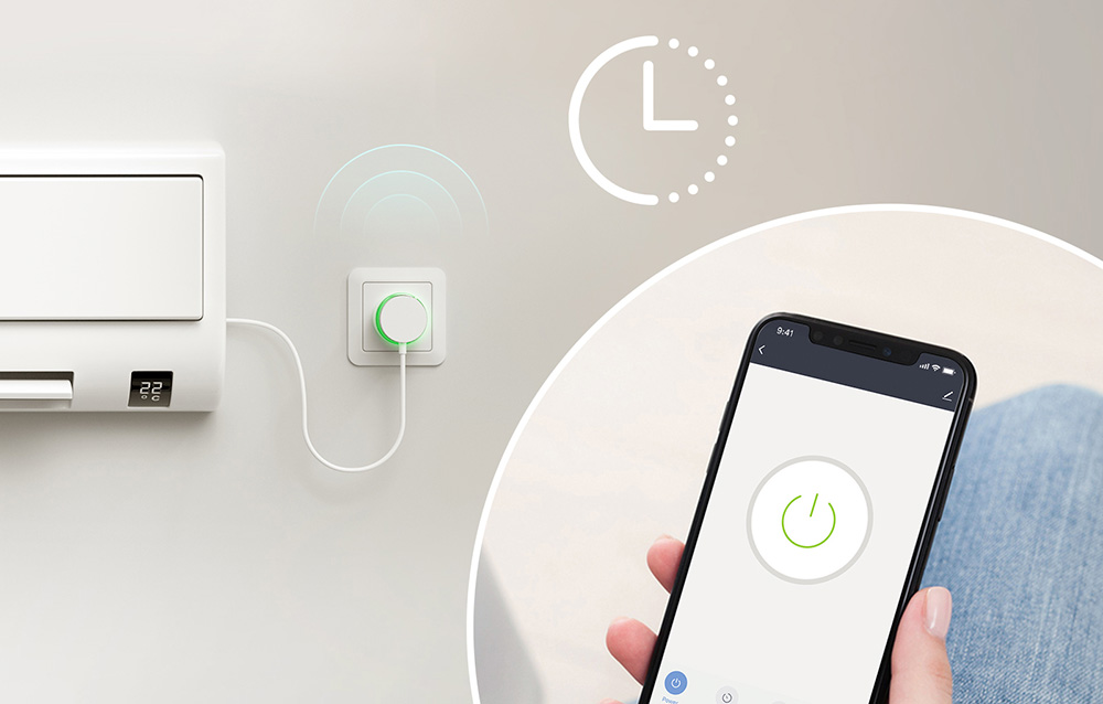 Air conditioner connected to an intelligent socket controlled from an app on a smartphone with a large power button
