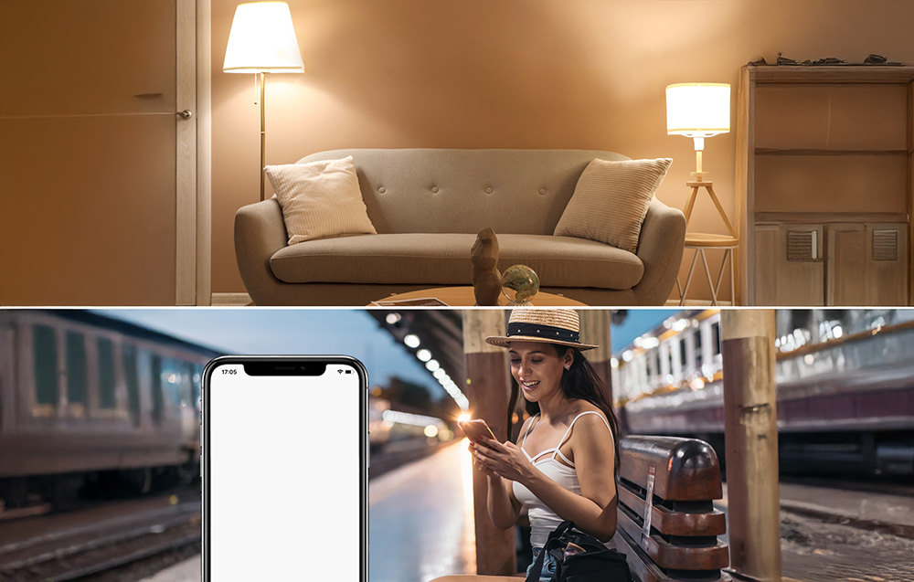Split screen with lights on in the living room at the top and a woman using a smartphone on a train platform at the bottom