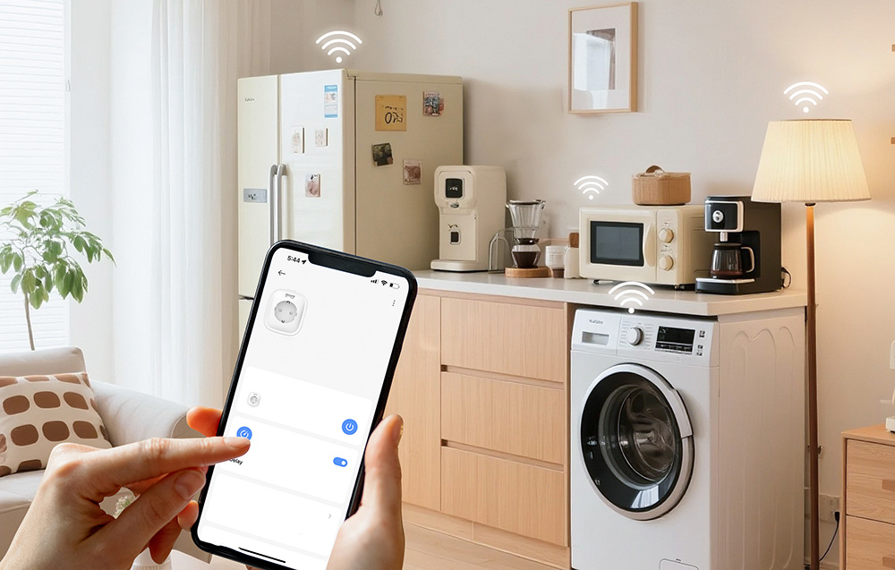 Person using the app to control sockets in the kitchen with various appliances marked with Wi-Fi icons