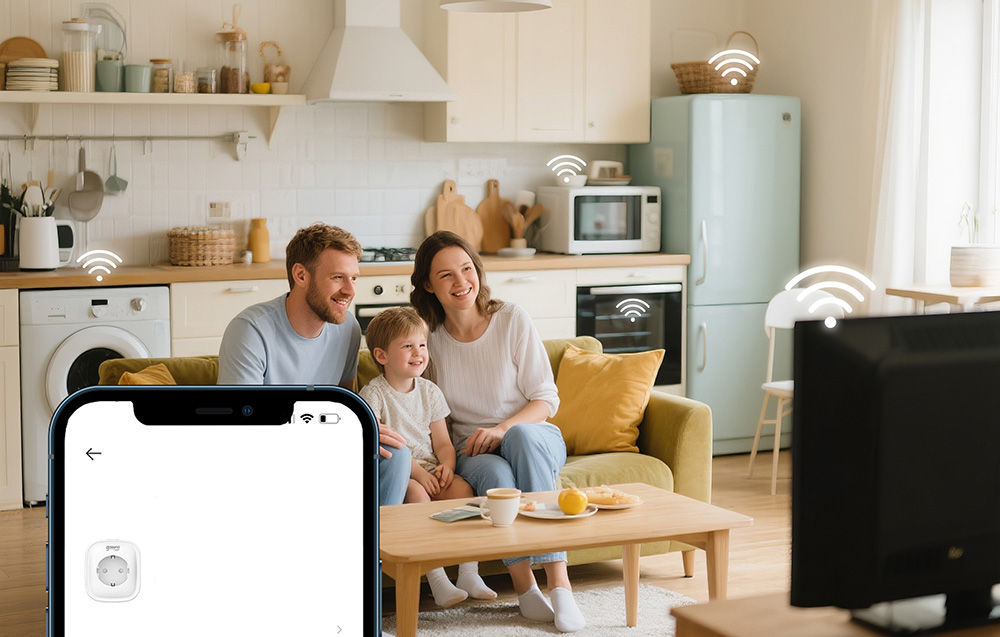 Family sitting on a sofa in the kitchen, watching TV, with Wi-Fi icons next to devices and the visible socket control app on a smartphone