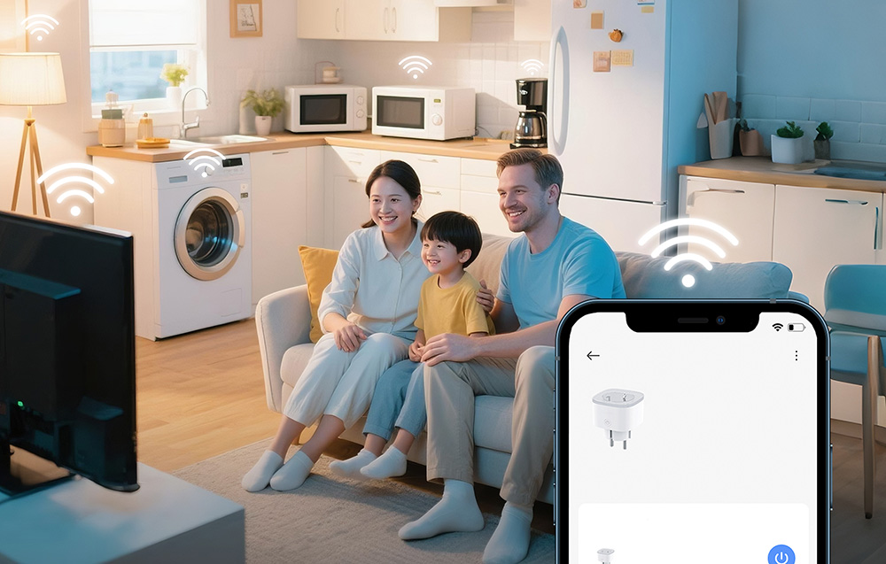 Smiling family sitting on a couch in the kitchen, surrounded by Wi-Fi icons indicating remote control of devices through the app visible on the smartphone