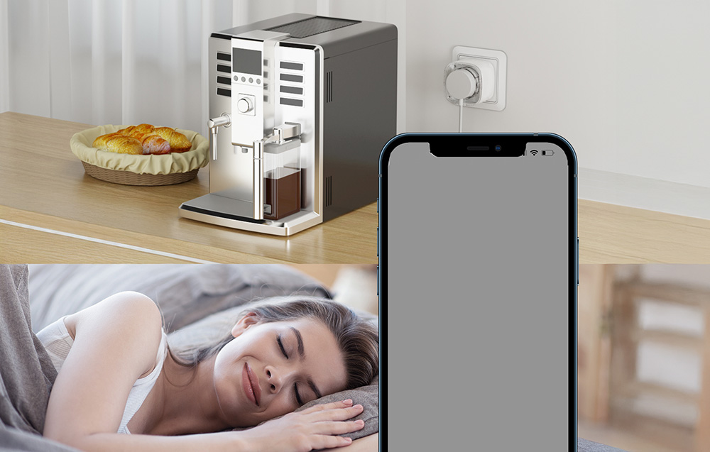 Coffee maker connected to a smart plug on a kitchen countertop, with an overlay image of a sleeping woman and a large smartphone with a blank screen at the bottom