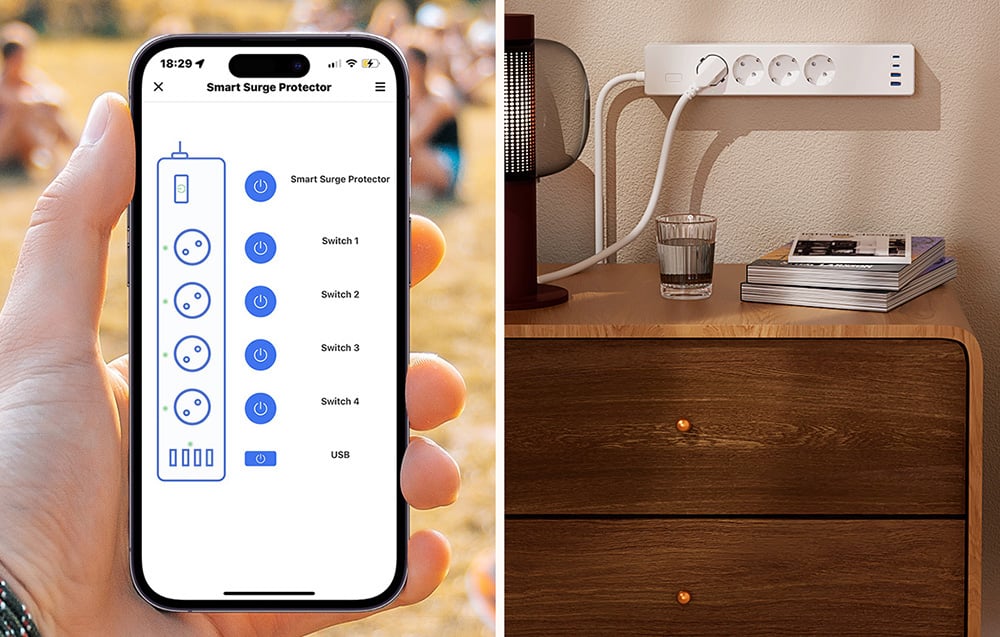 Po lewej ekran smartfona z aplikacją do sterowania listwą zasilającą, po prawej listwa zamontowana nad komodą z podłączoną lampką