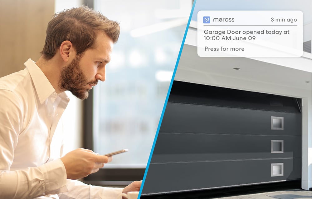 Mężczyzna trzymający smartfon, obok powiadomienie o otwarciu bramy garażowej i zdjęcie otwierającej się bramy