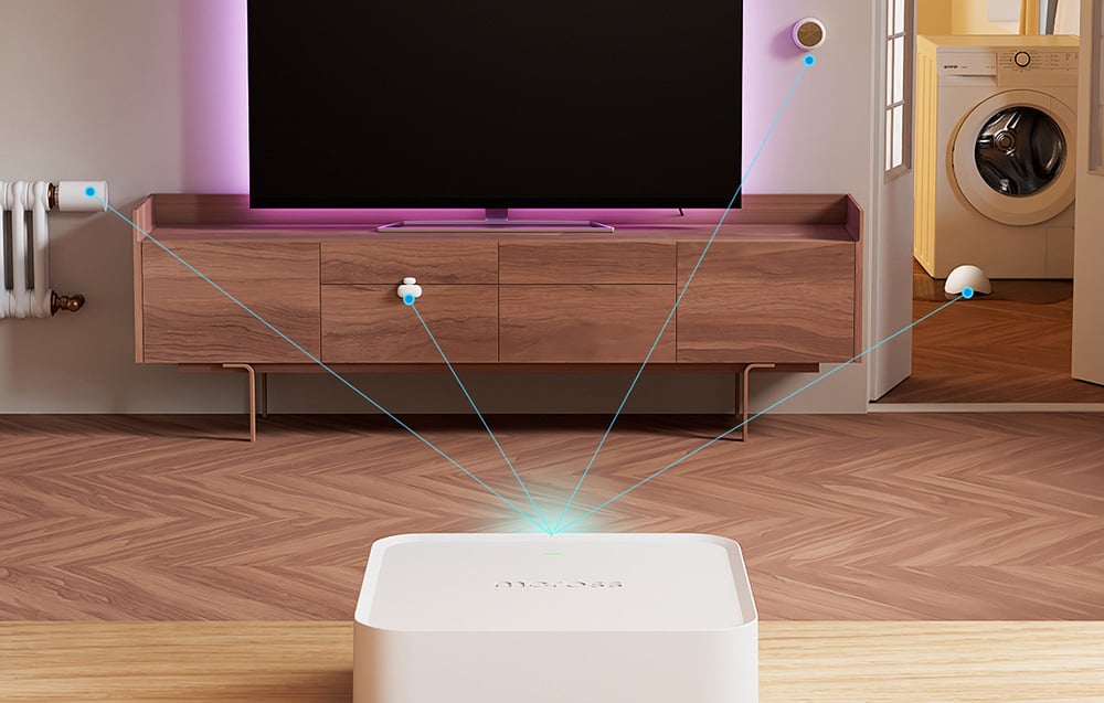 Centrum multimedialne z telewizorem i podłączonymi czujnikami, pokazującymi połączenie z centralą