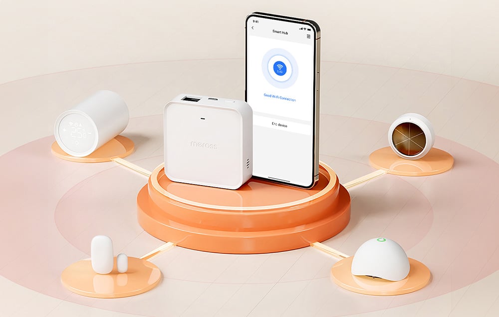 Inteligentny hub Meross i smartfon połączone z różnymi czujnikami w wizualizacji systemu smart home