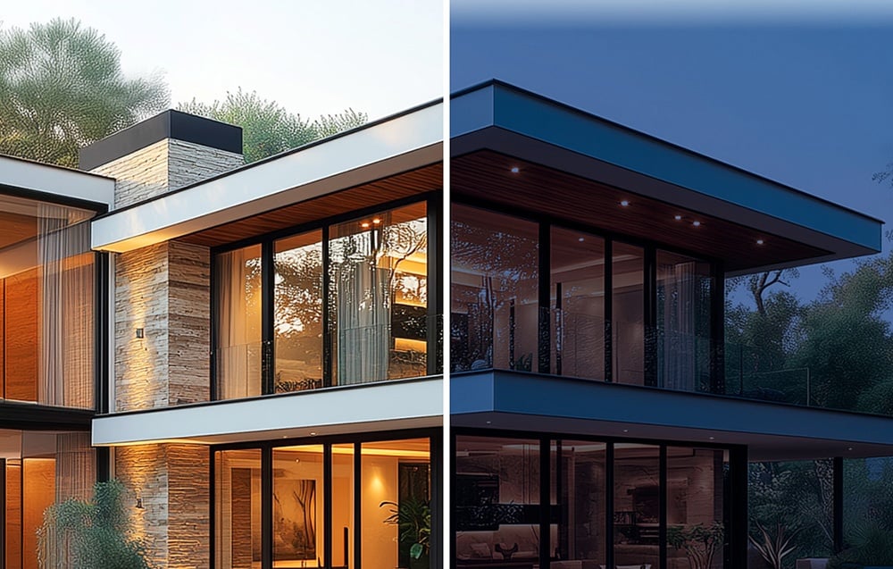 Modern house shown in two versions – during the day and after dark with the lights on