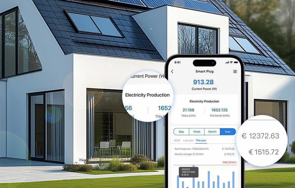 Modern house with photovoltaic panels on the roof and a smartphone displaying energy production and consumption data