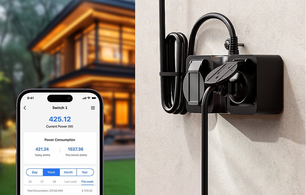 Black outdoor socket with a connected cable, next to a smartphone showing current energy consumption