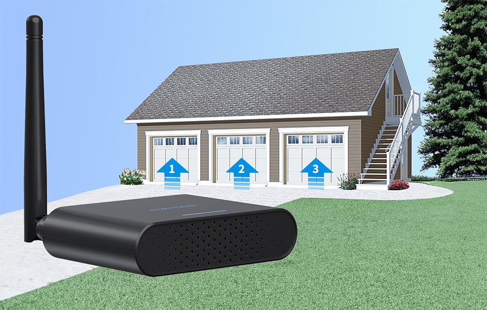 Illustration of a house with three garages and a large black controller with an antenna in the foreground
