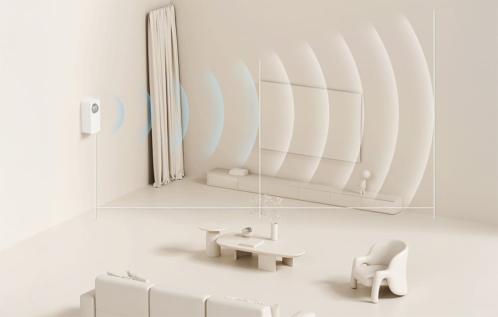 Graficzna wizualizacja zasięgu działania czujnika ruchu zamontowanego w rogu jasnego, minimalistycznego salonu