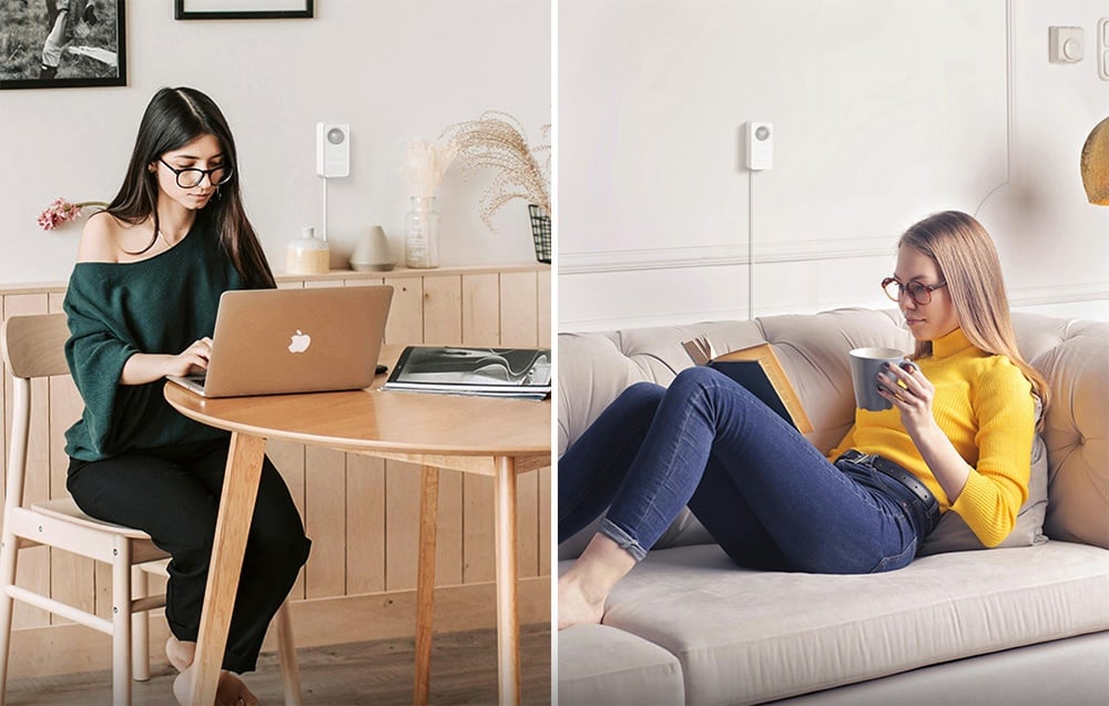 Dwie kobiety pracujące i odpoczywające w osobnych wnętrzach, z widocznymi czujnikami ruchu Meross na ścianach za nimi