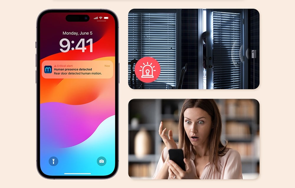 Ekran smartfona z powiadomieniem o wykryciu ruchu, obok zdjęcia kobiety zszokowanej wiadomością i uchylonych drzwi z postacią w cieniu