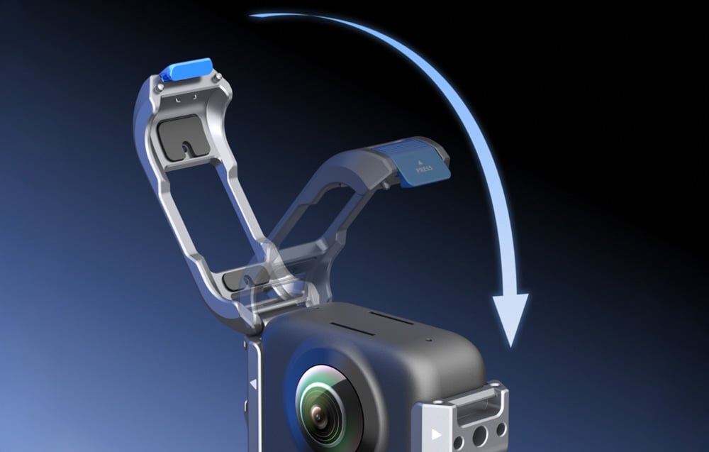 Nahaufnahme des Öffnungsmechanismus des metallenen TELESIN-Rahmens, gezeigt in Bewegung mit Pfeil