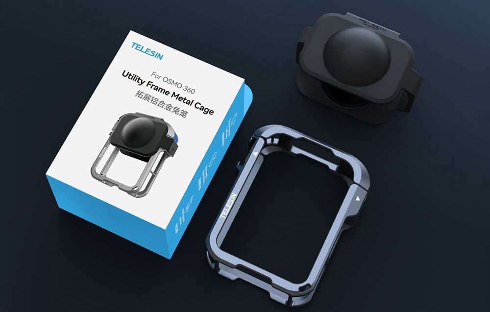 Verpackung des TELESIN Utility Frame Metal Cage-Produkts und dessen Inhalt: metallener Rahmen und Objektivschutz