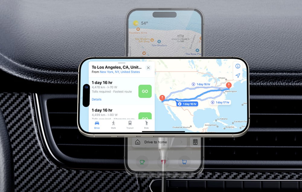 Smartfon w poziomie zamocowany na magnetycznym uchwycie samochodowym, wyświetlający mapę z trasą do Los Angeles