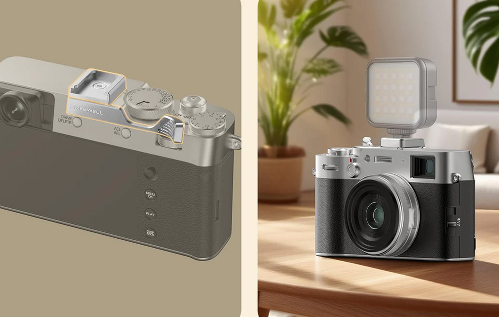 2 images: camera with Freewell grip and camera with mounted LED lighting.