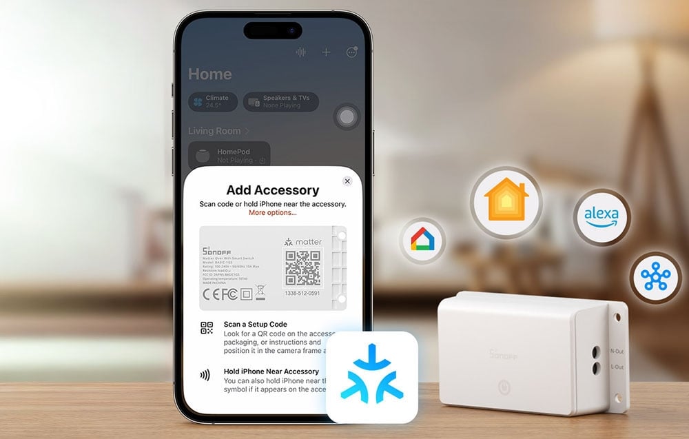 Smartphone displaying the Matter accessory pairing screen with smart home platform icons.