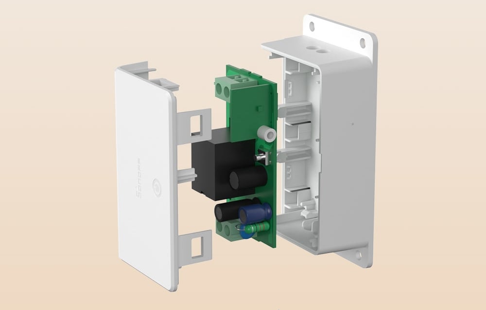 Visualization of a disassembled Sonoff smart switch showing internal components