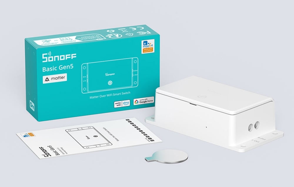 Sonoff Basic Gen5 smart switch with packaging, manual, and opening tool on a white background