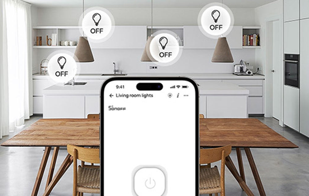 Smartphone with an app for controlling kitchen lighting with icons of turned-off lamps