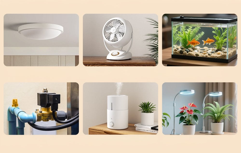 Collage of six smart devices - lamps, fans, aquarium, valve, humidifier, and plant lights