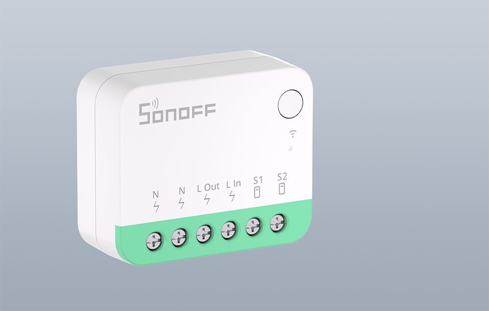 Side view of the Sonoff Mini Extreme module with terminal markings and button