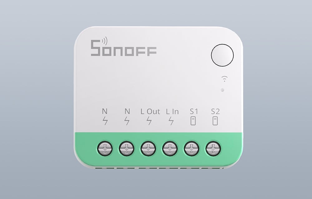 Sonoff Mini Extreme control module with six connection terminals and a button on the housing