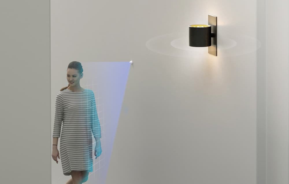 A woman passing by a wall motion sensor with a visualization of the detection area and a lit lamp