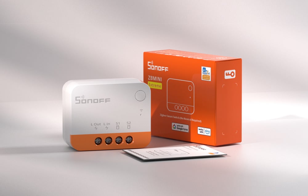 Zestaw Sonoff ZBMINI Extreme z modułem, instrukcją i pomarańczowym pudełkiem