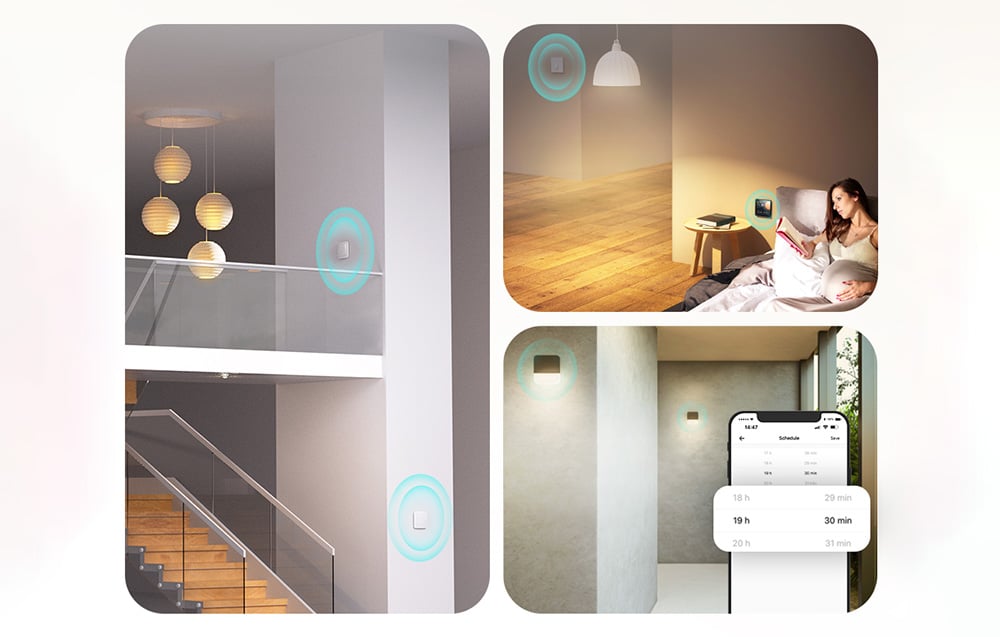 Cztery sceny z wnętrzami pokazujące włączniki Sonoff z zaznaczeniem zasięgu działania i aplikacją mobilną