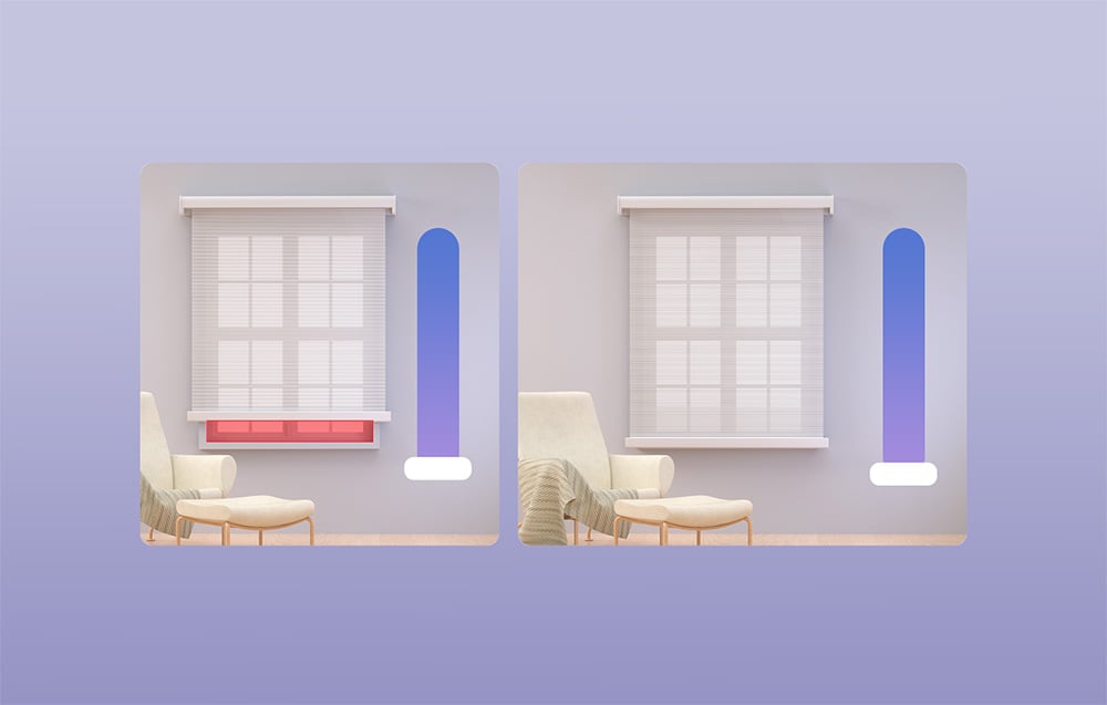 Porównanie dwóch pomieszczeń z roletami okiennymi w różnych pozycjach z fotelem i lampą