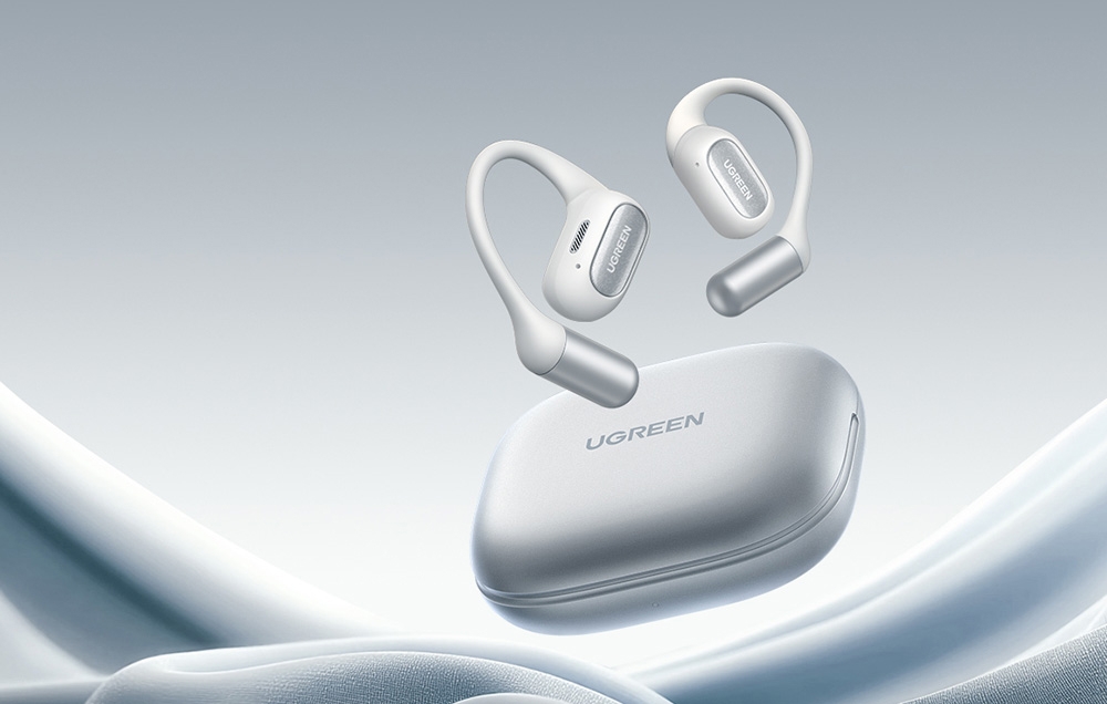 Białe słuchawki i etui ładujące na srebrnym tle