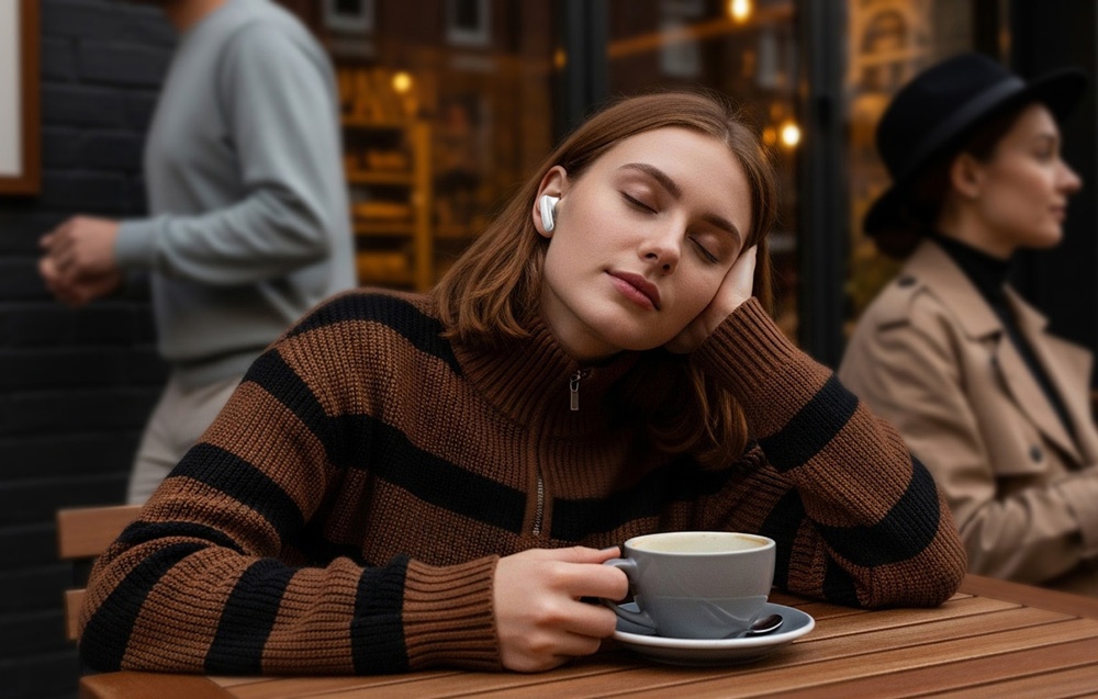 Dziewczyna słuchająca muzyki w kawiarni