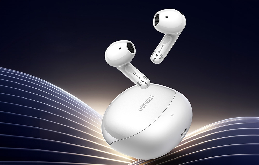 Białe słuchawki bezprzewodowe i etui na ciemnym tle z liniami